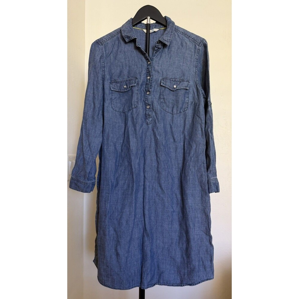 Boden Chambray Popover Shirt Dress M Linen Tencel Pearl Snap Pockets Lagenlook